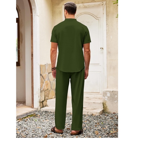 NWT Men's 2 Pieces Cotton Linen Set Casual Short Sleeve Shirt Beach Yoga Pants - Picture 7 of 7